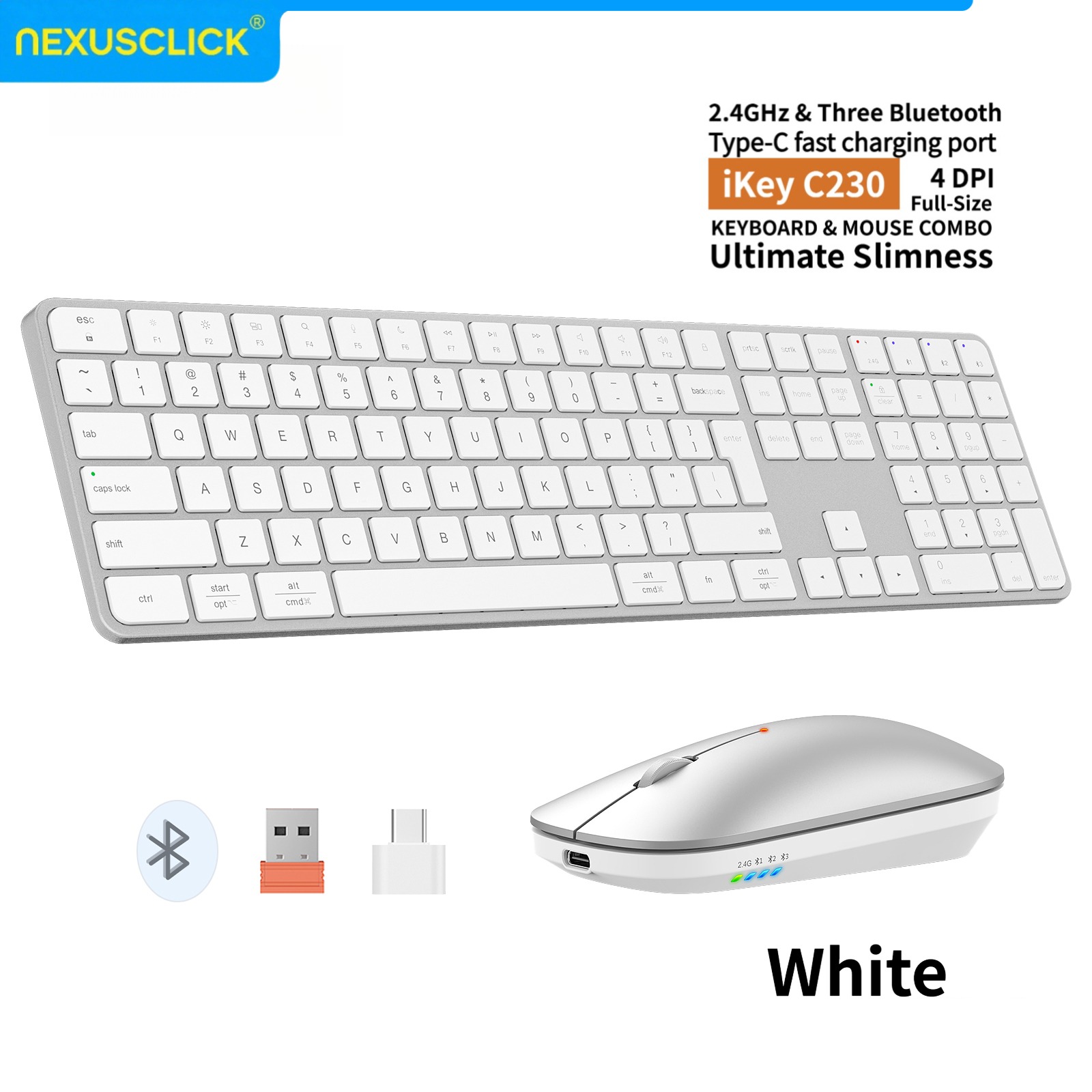 Gaming Keyboard That Is Quiet - NexusClick 充電式ワイヤレスキーボード・マウスコンボ、4チャンネル2.4G BT接続、スリムで静かなキー、Macオフィス向け調整可能なDPI