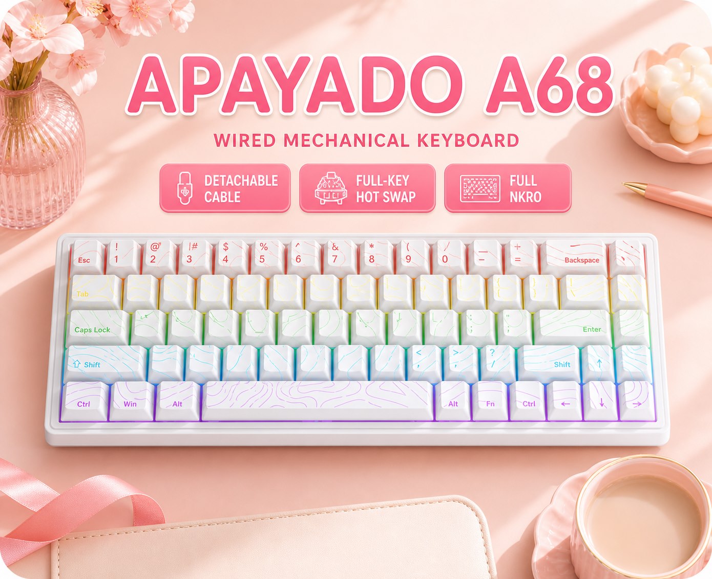 Keyboard Gaming Blue Switch - APAYADO A68 有線メカニカルキーボード ホットスワップ対応 ブルーレッドスイッチ 取り外し可能なケーブル