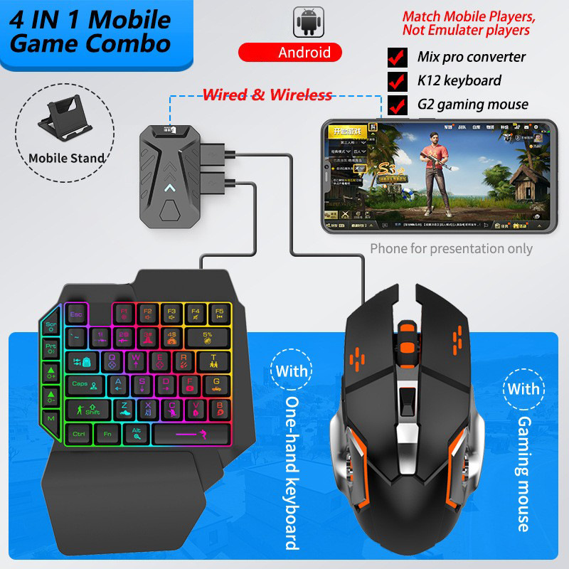 Gaming Keyboard And Mouse Converter For Mobile - モバイルゲームコンバーター ゲーミングキーボードとマウスキット 片手ゲーマーキーボードコントローラー Bluetooth有線2モード Mix Pro