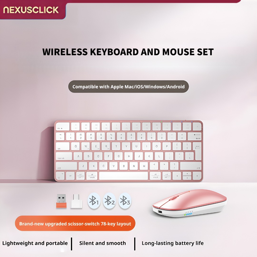 Gaming Keyboard That Is Quiet - NexusClick ウルトラスリム ワイヤレスキーボードマウスコンボ、4つのモード、充電式、静音、薄型、調整可能な DPI、iOS/Windows Office対応